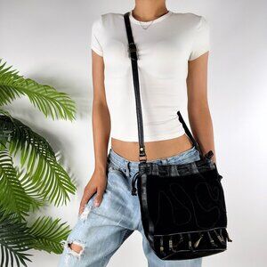 Vintage 90s Grunge Black Leather Biker Streetwear Bucket Bag Crossbody Purse